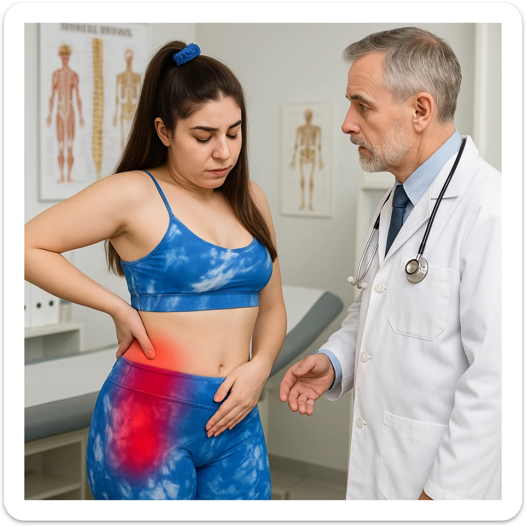 A slender woman in 4K, in a medical office, precisely indicating points of pain on hip and lumbar area to the orthopedist, both areas highlighted by redness, inspired by the reference photo. sticker