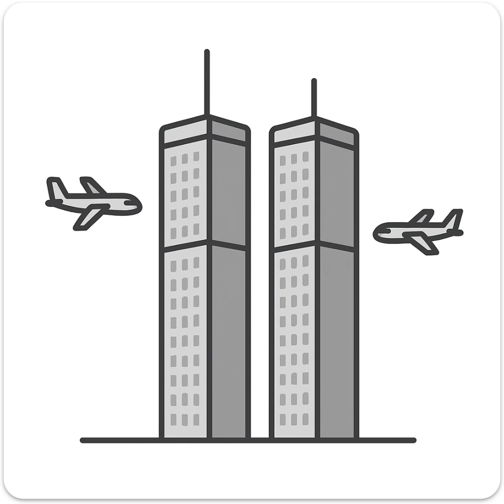 illustration sobre des tours jumelles du World Trade Center avec deux avions s'approchant, vue de loin, pas de détails choquants, pas de personnes visibles, ambiance neutre sticker