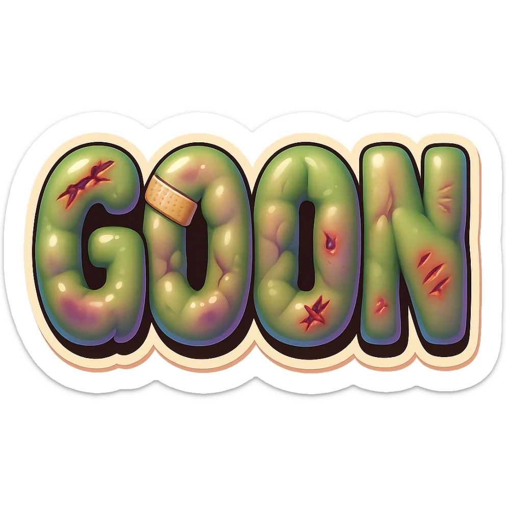 The word GOON with amorphous, glossy, blobby muscle shapes under the skin, featuring different styles of bandages, various bruises, and new cartoonish wounds. Retro sticker style, no background. sticker