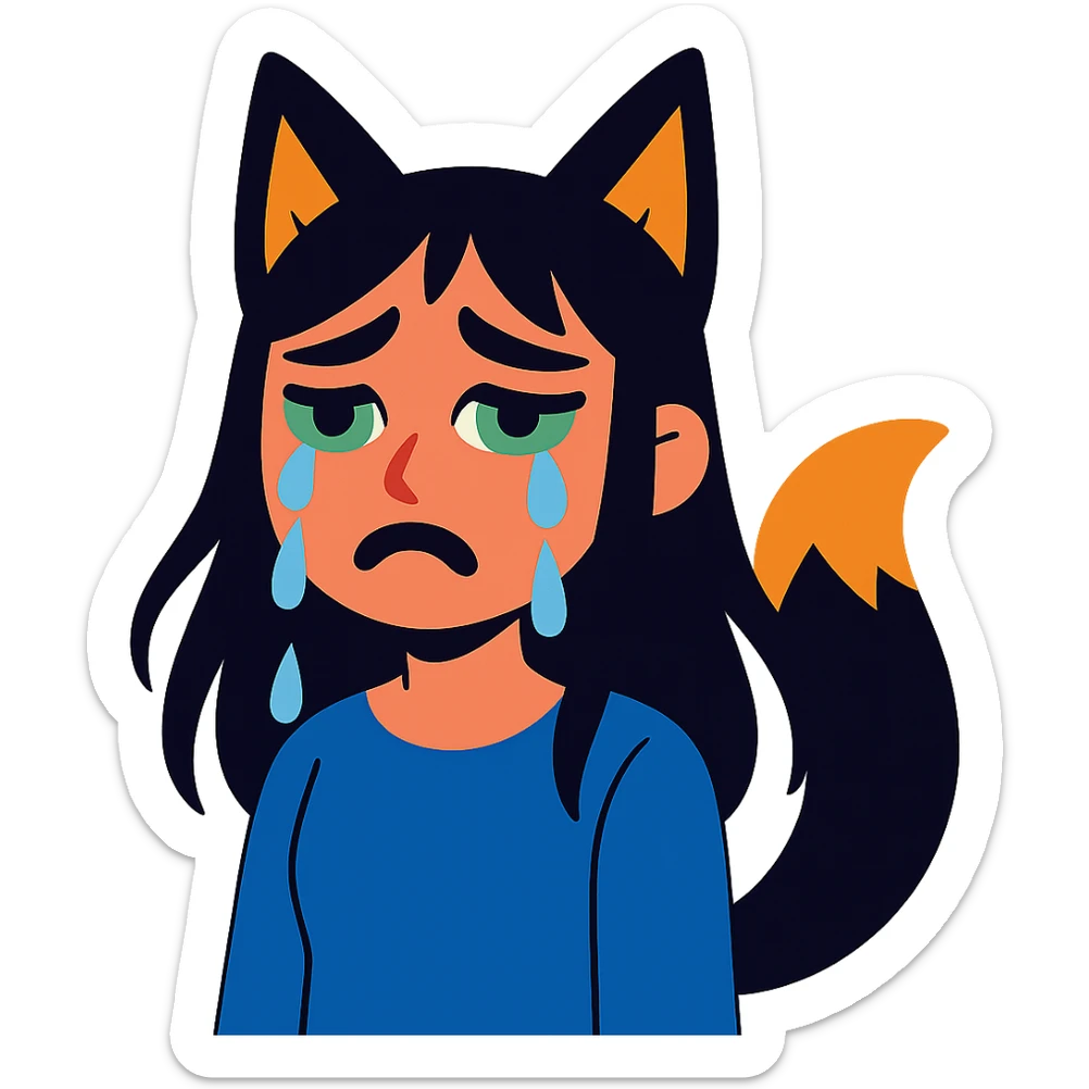 A girl with tears, black fox ears, and a tail, green eyes, dark hair sticker