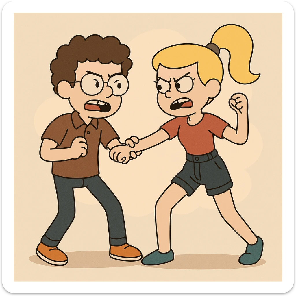 Fighting a boy brown Curly hair circle glasses Royal Pro polo brown jeans orange shoes and a girl Yellow ponytail hair red shirt high waisted dark blue denim shorts blue shoes sticker