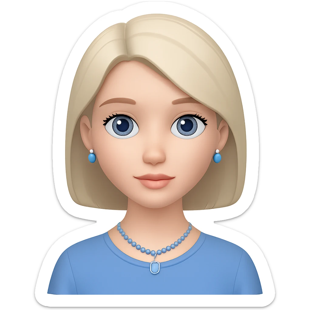 Remove the flower from the hair of a beautiful girl with straight medium-short length light ashy blonde hair, light grayish-blue eyes, pale pink-neutral toned skin, wearing a cornflower blue blouse and silver jewelry. Keep the rest of the emoji the same with no background. The style should match the original emoji's look. sticker