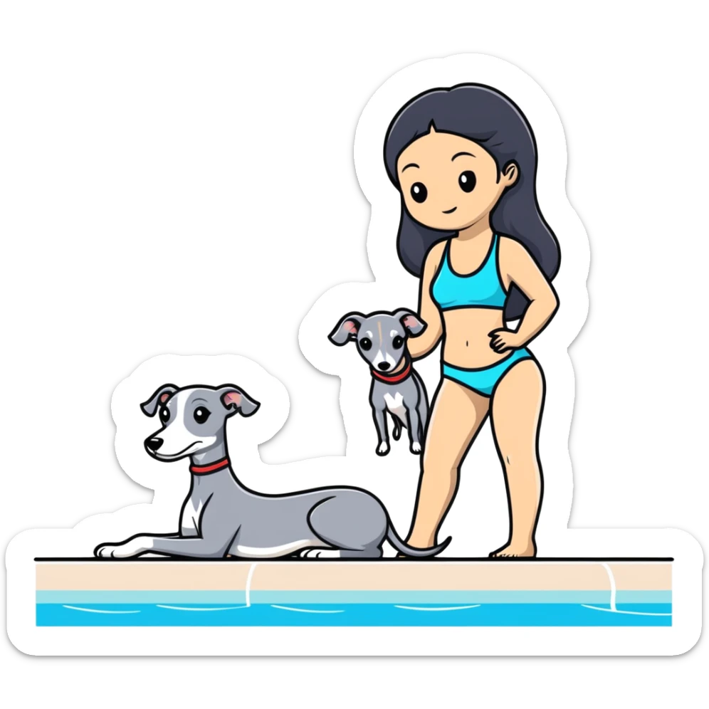 Slim Chinese woman with long black hair in appropriate pool attire at an indoor swimming pool with her Italian greyhound that is COMPLETELY solid grey, with absolutely NO white markings anywhere, single uniform grey color throughout entire dog body sticker