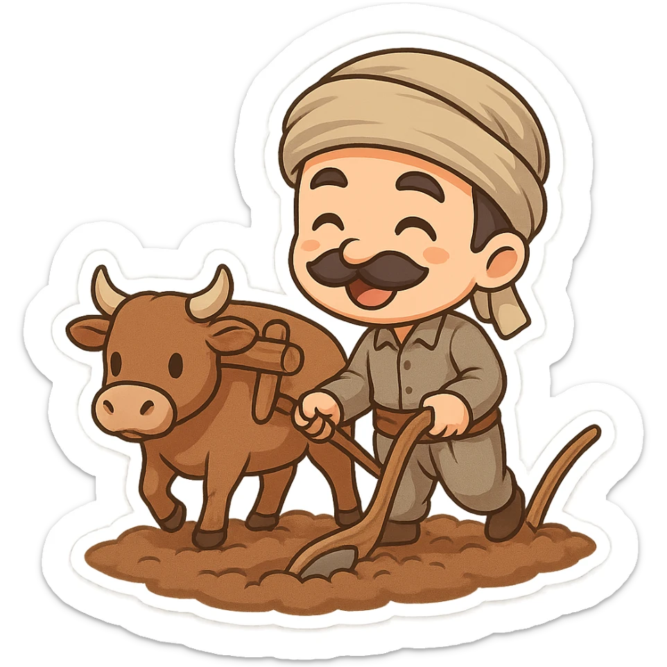 chibi cartoon sticker of a cheerful Kurdish farmer plowing the land with a cow using a yoke and traditional plow (نیر و ئامور) sticker