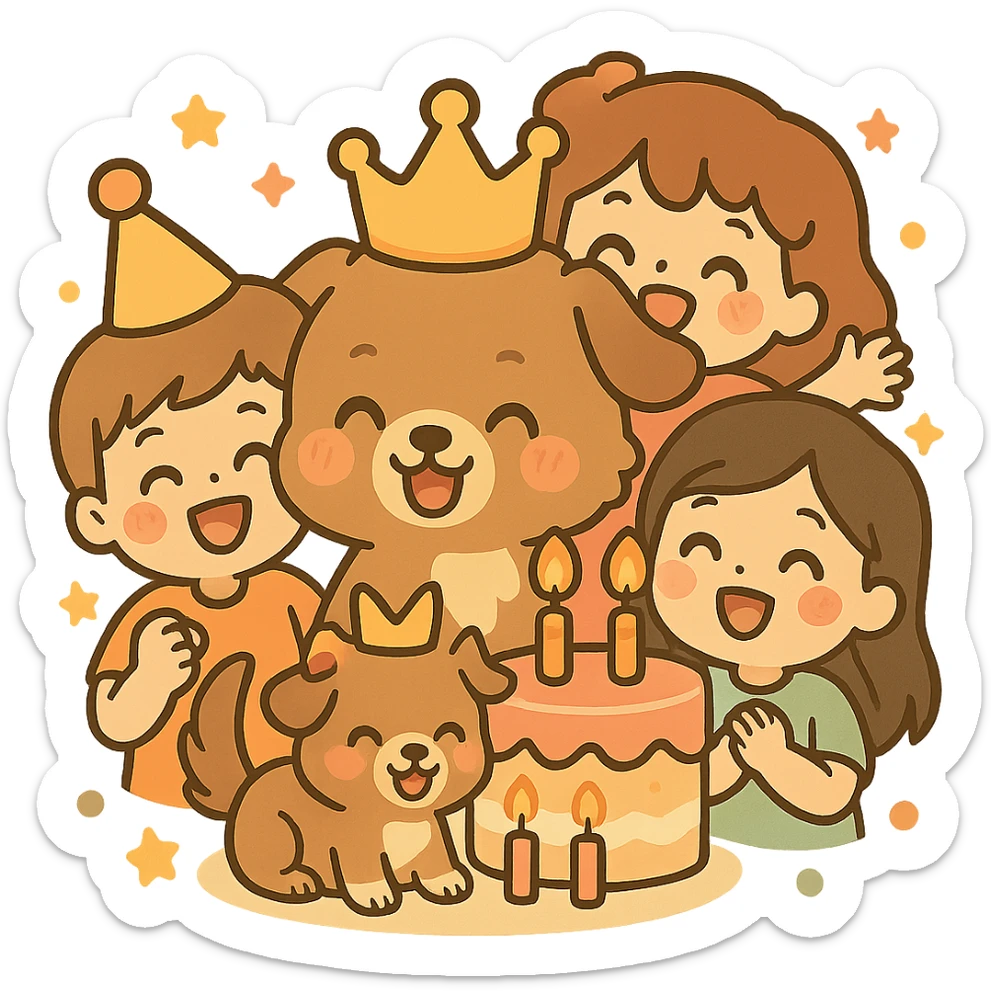 Add party guests around the dog, keeping the chibi sticker style, festive and cheerful, with no background. sticker