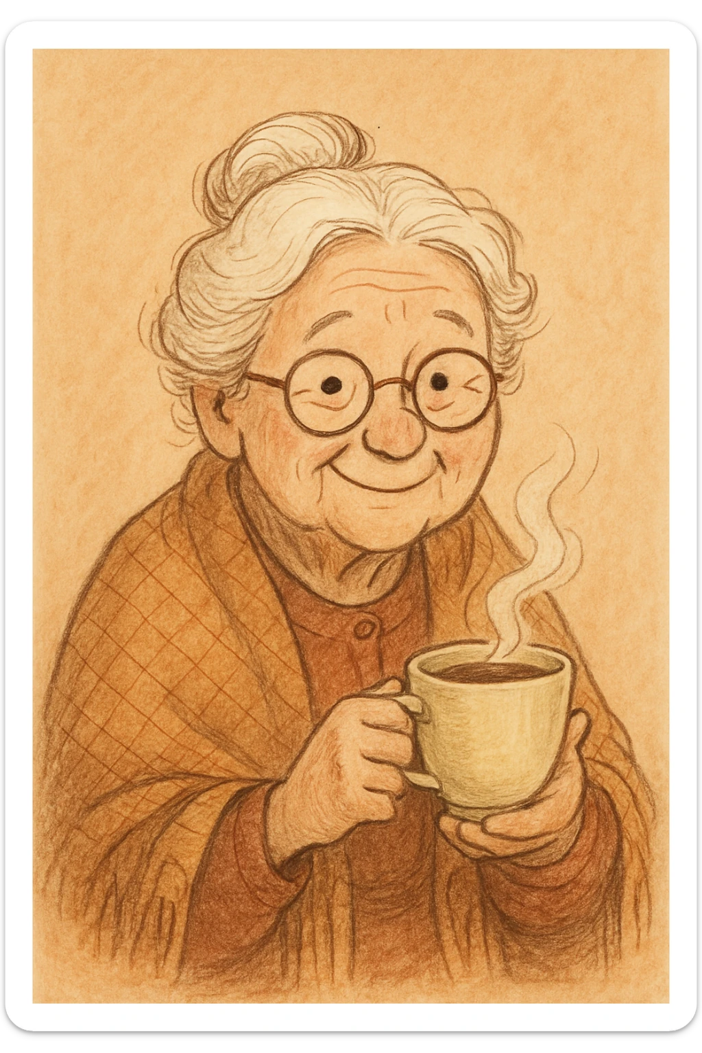a very old lady grandma wearing glasses holding a cup of tea shawl over shoulders friendly illustration style sticker