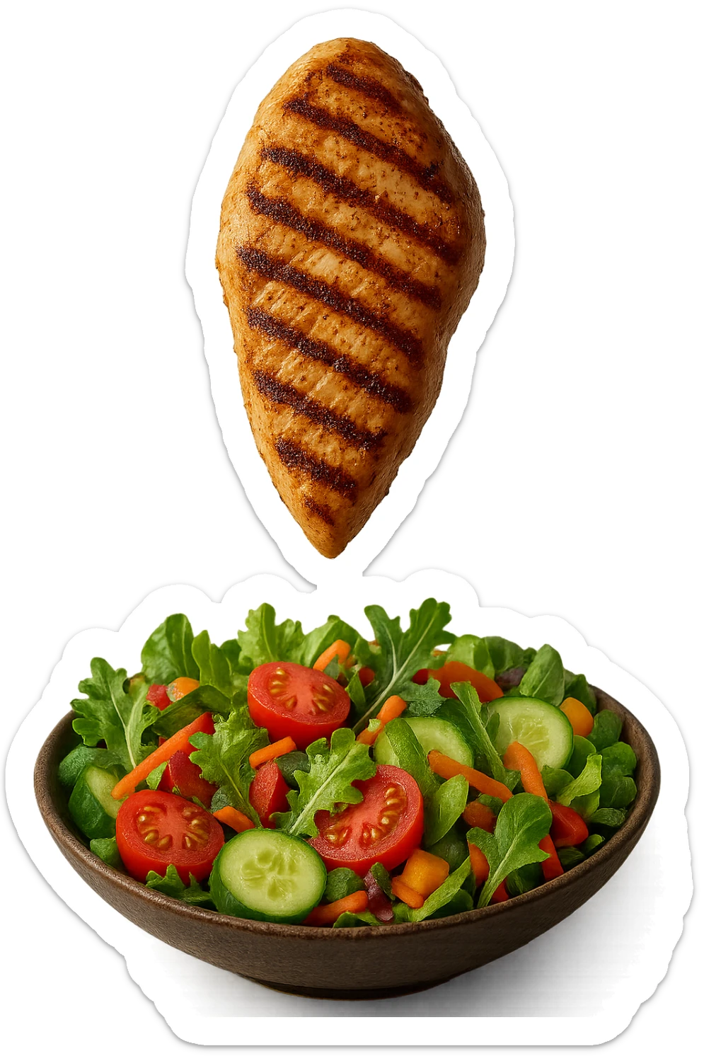 INSALATA CON PETTO DI POLLO GRIGLIATO CHE CADE DALL'ALTO, IPERREALISTICO 4K sticker