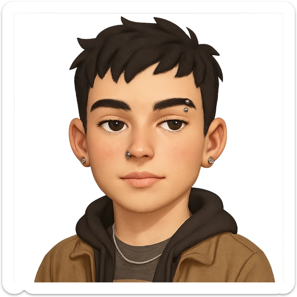 AI emoji character of a young man with short, slightly messy black hair, fair flushed skin, pink lips, nose piercing on one side, eyebrow piercing on the other, small silver earrings, thin chain necklace, neutral or slightly confident expression with relaxed eyes, wearing trendy casual clothing like a hoodie or jacket over a graphic t-shirt, soft cartoonish but realistic finish, focus on facial features, accessories, and hairstyle sticker