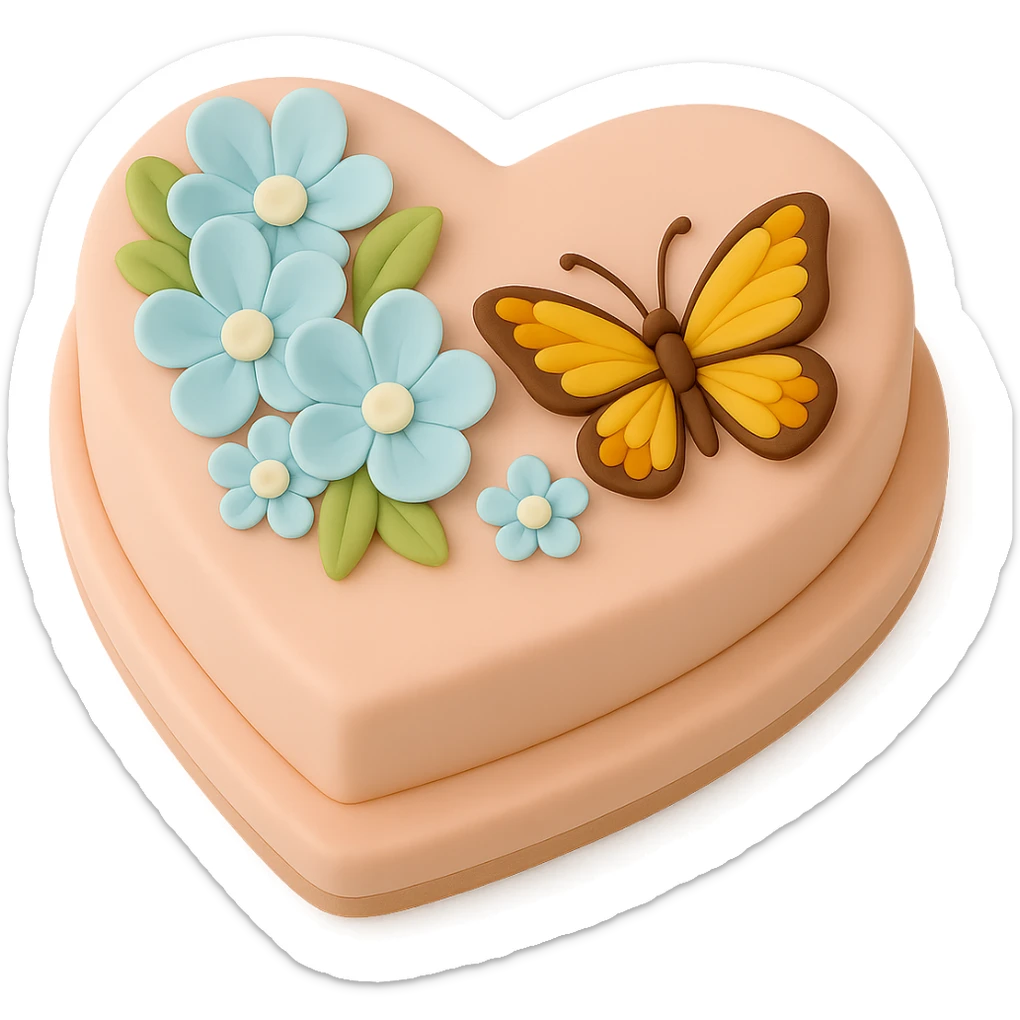Make the butterfly smaller on the heart-shaped fondant cake with blue flowers, fondant cake art style, keep transparent background. sticker