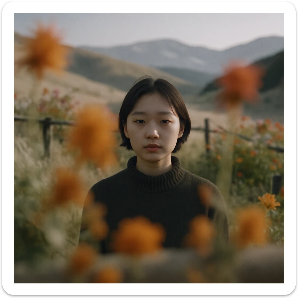A portrait of a person in the foreground, blurred plants in the foreground, a wooden fence and colorfull flowers in the midground, rolling hills in the background, cinematic depth of field, layered composition, natural lighting sticker