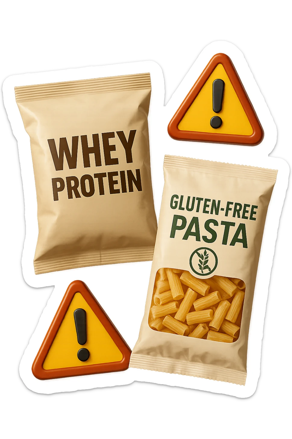 SU QUESTO STILE FAI UN EMOJI STILE IPHONE 3D DI UN pacco di whey protein e un pacco di pasta senza glutine che fluttuano in aria insieme a segnali di pericolo in 3d, FALLO MOLTO REALISTICO IN 3D sticker