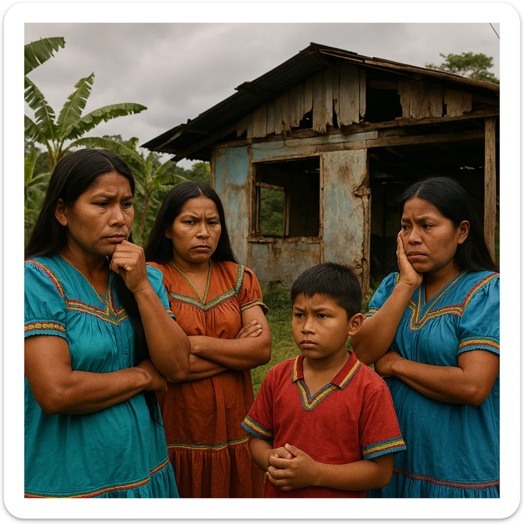 scene showing Costa Rican indigenous people worried about lack of educational centers, with a background of a deteriorated or absent school sticker