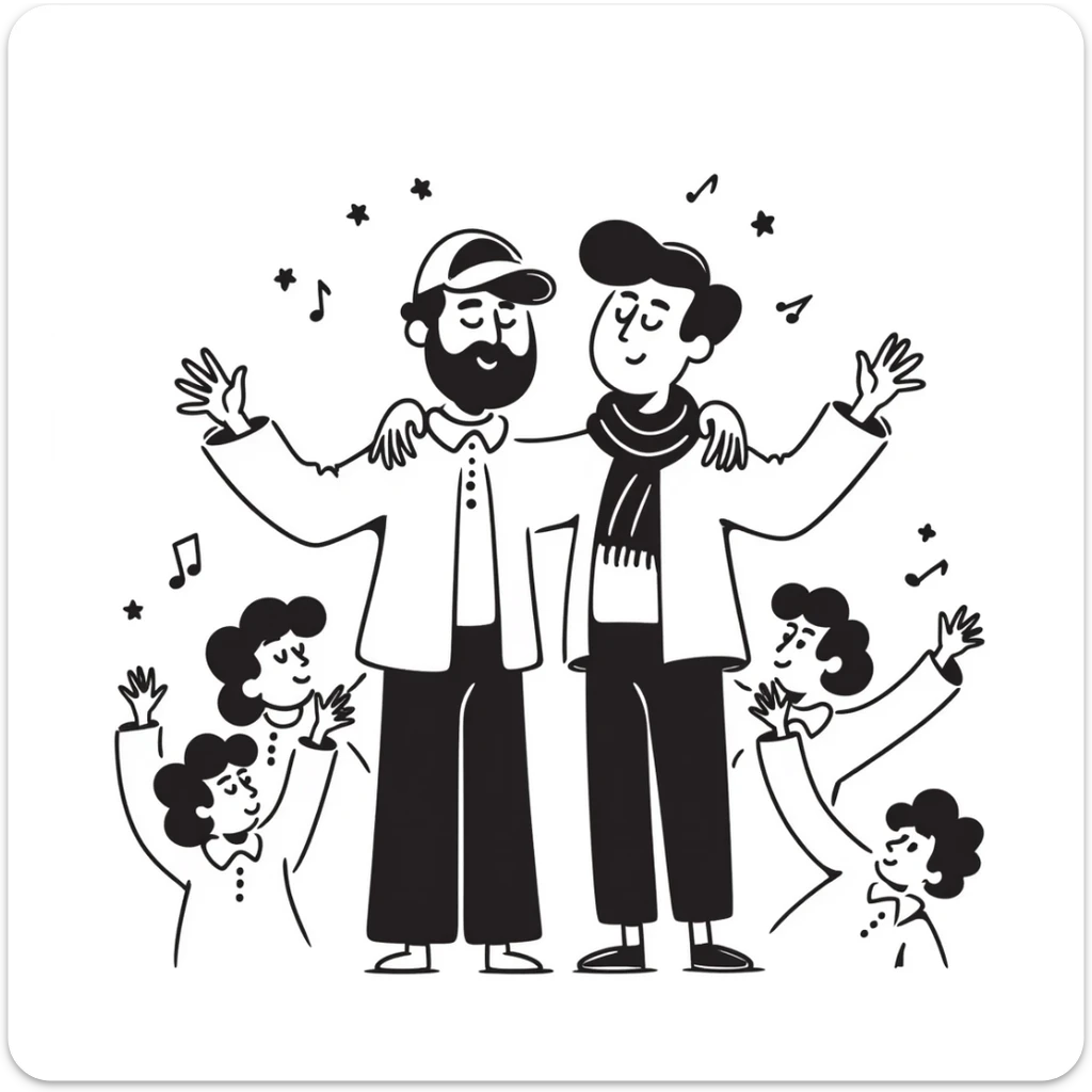 Two brothers who are musicians: a noticeably taller 35-year-old with stylized beard and backwards cap (big brother) with his arm around his shorter 25-year-old brother. Side by side, facing forward, celebrating. Music notes and stars around. Band members cheering in background. sticker