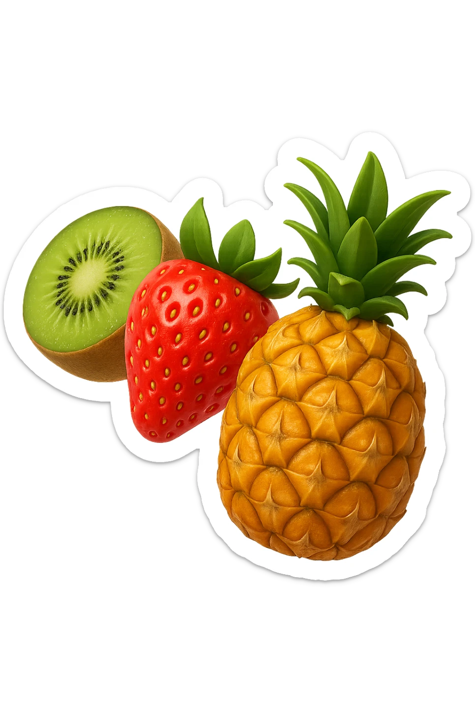 emoji stile iphone 3d di kiwi, fragole, ananas
 che fluttuano in aria, iperealistico 4k sticker