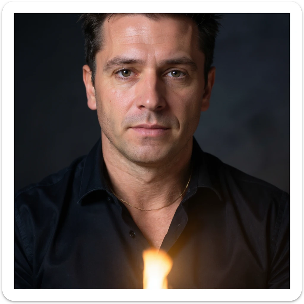 Vertical portrait of a man's face in a realistic professional photography style. The expression is serene and concentrated. Include symbols of regeneration such as light or energy rising from the bottom. The atmosphere conveys wellness during fasting. sticker