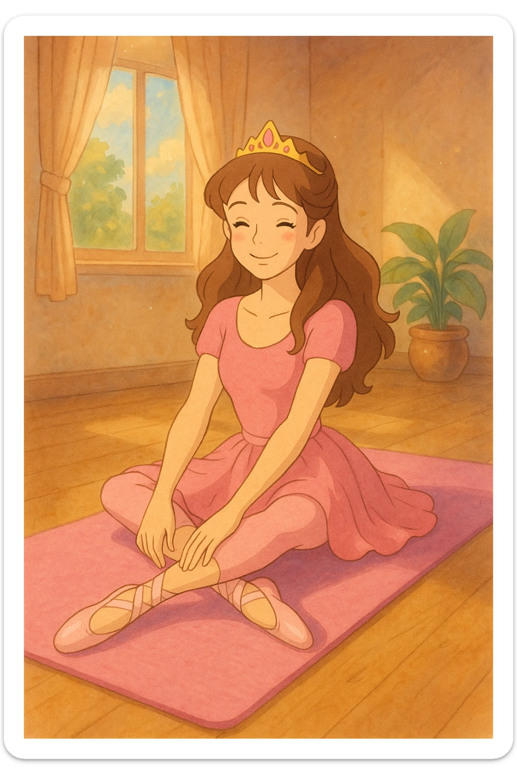 pink pilates princess sitting on a pink yoga mat, smiling, with ballet slippers, ghibli-inspired style sticker