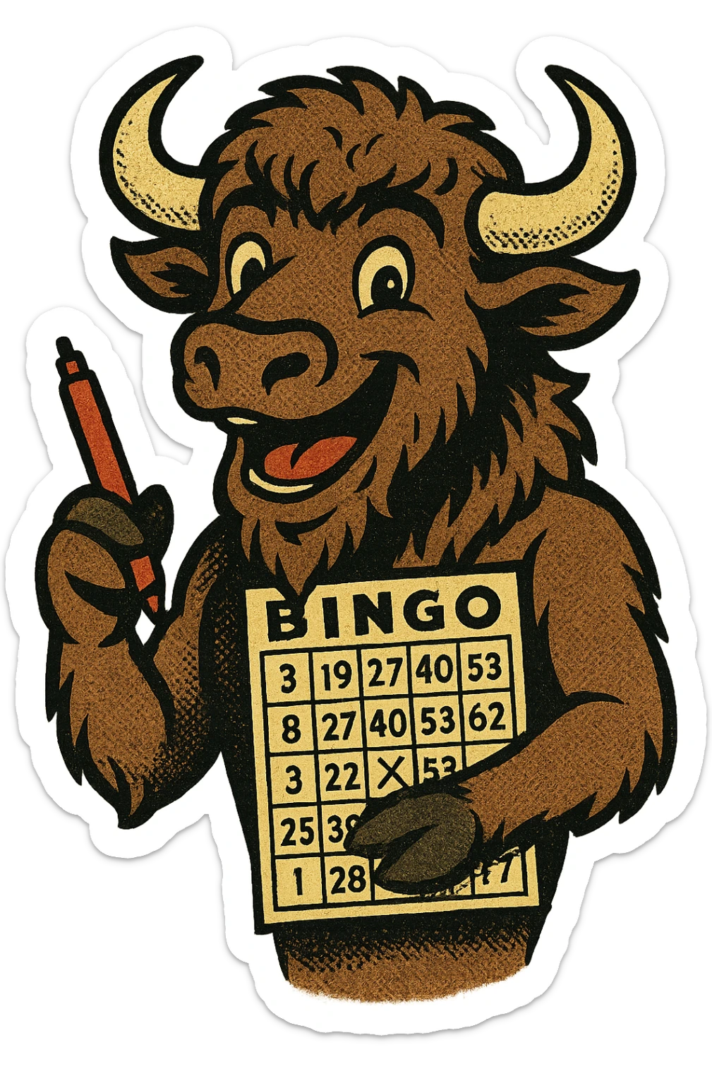 A happy buffalo from the American West with a bingo card and pen sticker