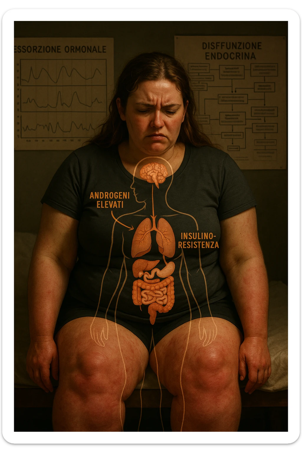 cinematic realistic in italiano Woman with PCOS struggling with hormonal chaos, transparent overlay showing elevated androgens and insulin resistance affecting her body, lipedema causing disproportionate fat accumulation in legs and arms despite normal torso, expression of frustration with unexplained weight gain, medical charts showing complex endocrine dysfunction, painful swollen limbs contrasting with metabolic confusion sticker
