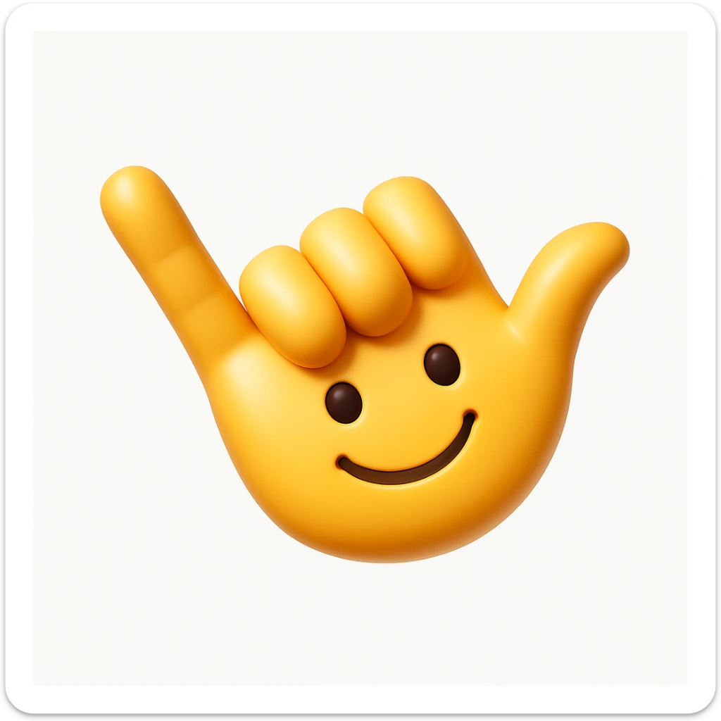 A 3D emoji in iOS emoji aesthetic style of a hand making the “shaka” gesture, with thumb and pinky extended outward and other fingers folded in, cheerful expression, clean white background, glossy Apple-style design
 sticker