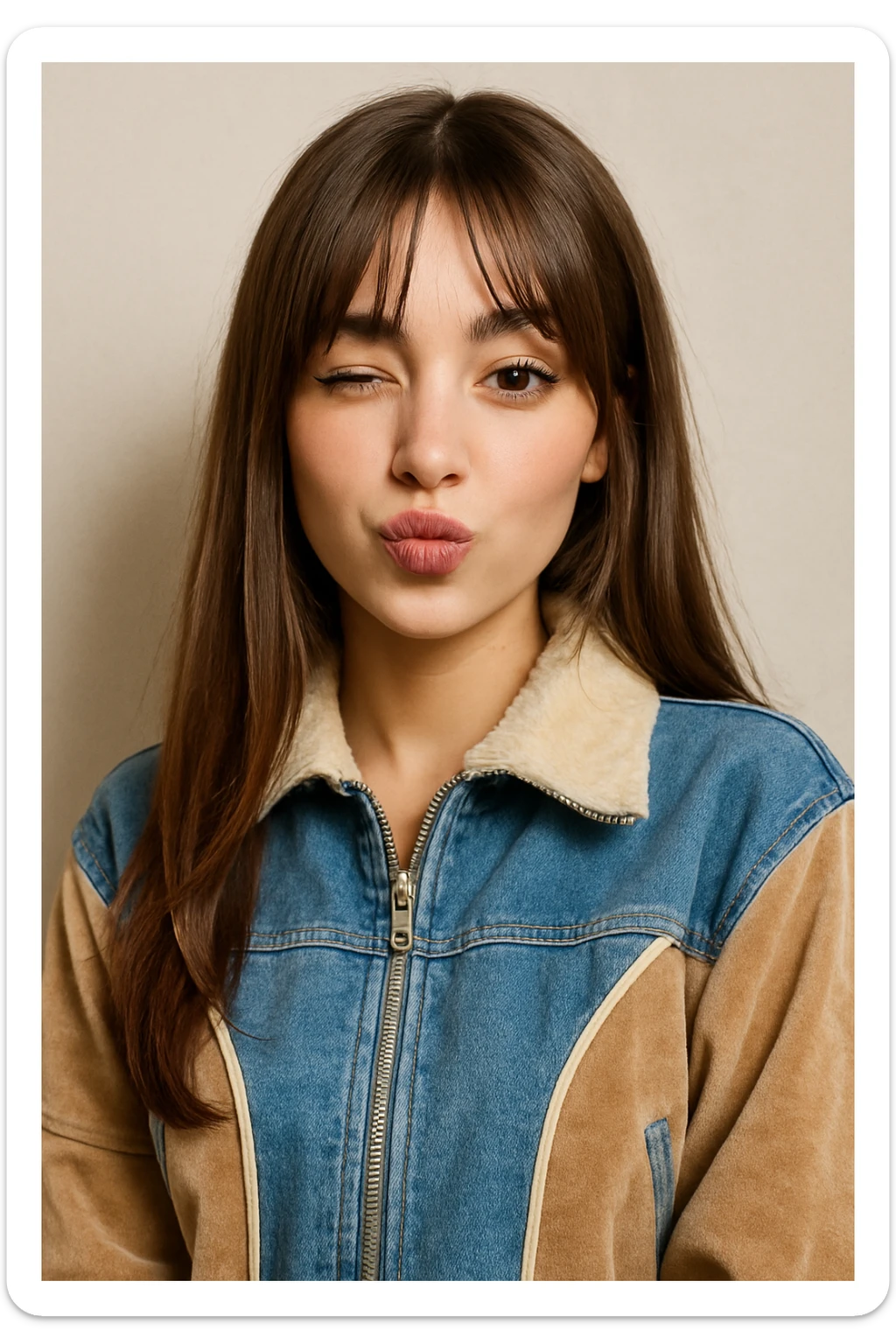 light fair skin girl, straight long light brown hair, curtain bangs, dark brown almond eyes, Y2K fashion jacket, playful expression, detailed, trendy, realistic portrait sticker