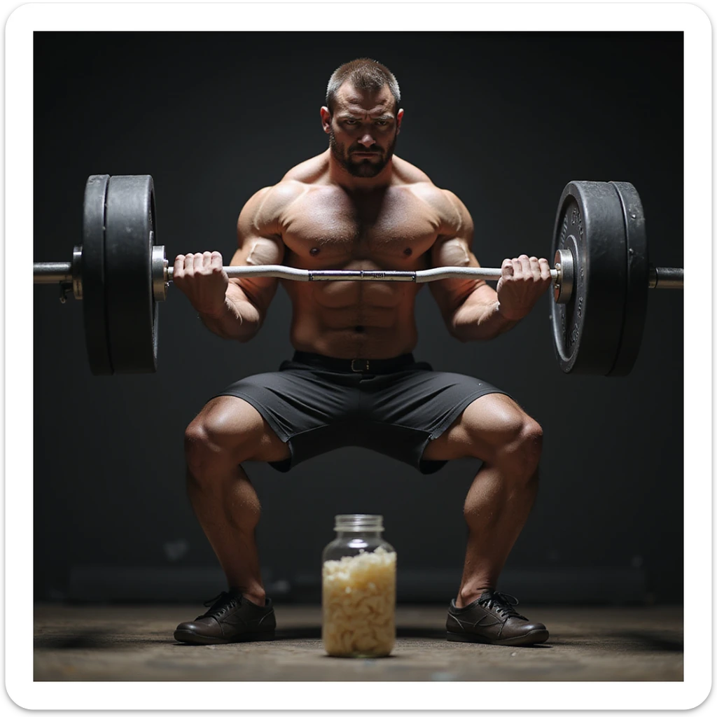 realistic muscular powerlifter performing deadlift in gym, looking at a bottle of AAS in front of him, indecisive expression, isolated on white background sticker