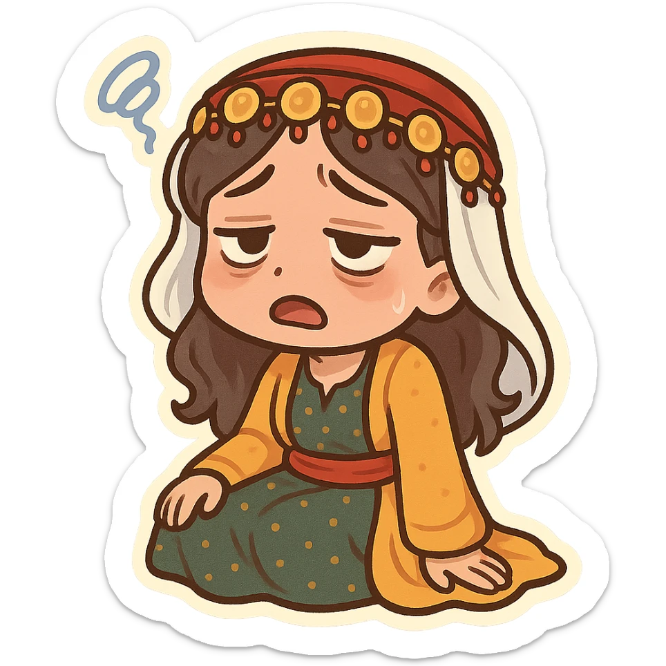 Kurdish sticker, tired mood, cartoon style, Kurdish man or woman in traditional dress, sitting and looking exhausted, expressive face, no text, suitable for social media sticker