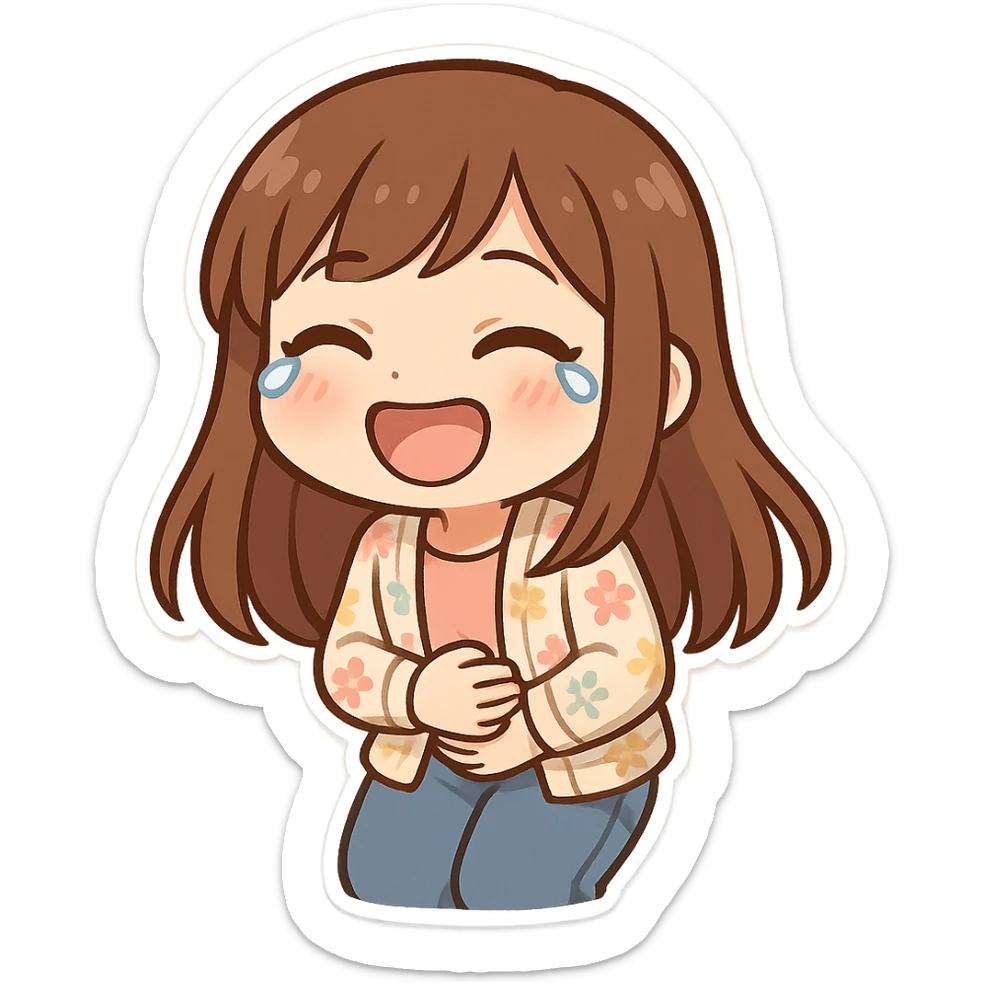 chibi sticker of a girl with brown straight hair and brown eyes, wearing a pastel floral cardigan and jeans, laughing to tears, holding her stomach, white outline, transparent background, 512x512px sticker