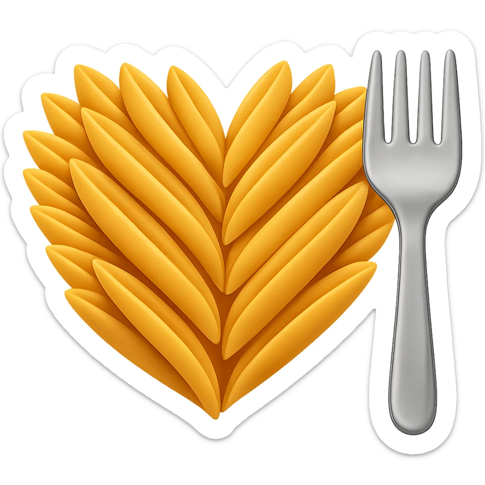 Add a silver fork next to the heart made of penne pasta in the style of emoji. Keep the emoji style look and no background. sticker