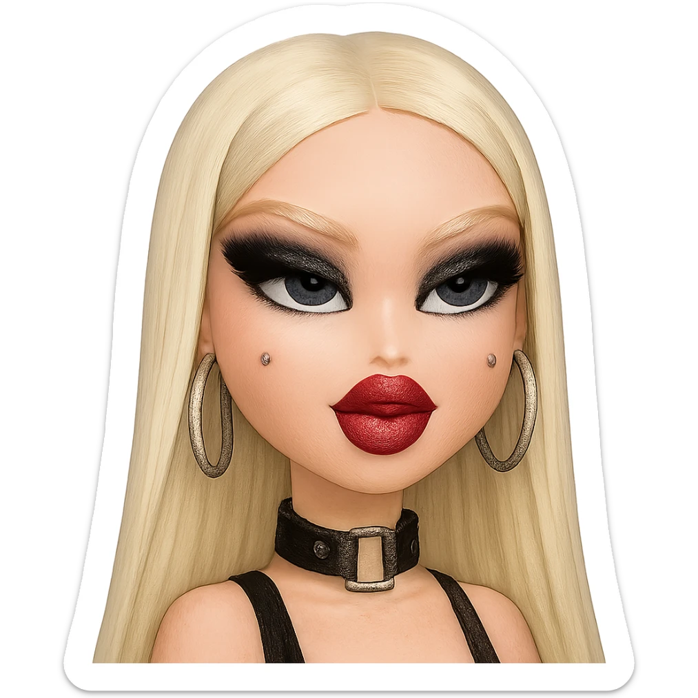 pretty Bratz baddie with platinum blonde straight hair, pale skin, pretty makeup, blue eyes, platinum blonde brows, silver cheek piercings, black smokey eyeshadow sticker