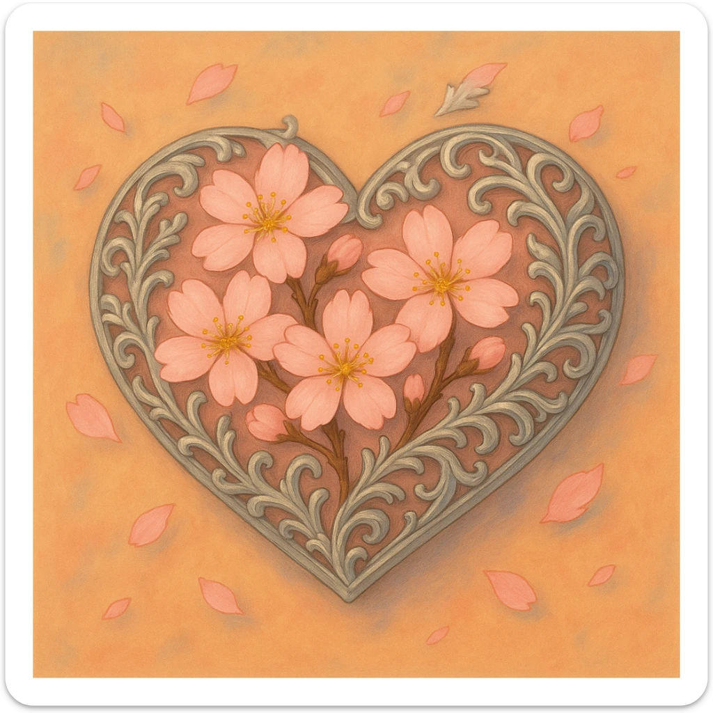 Make the silver accents and details extremely prominent and abundant on the heart with sakura, ghibli style. sticker