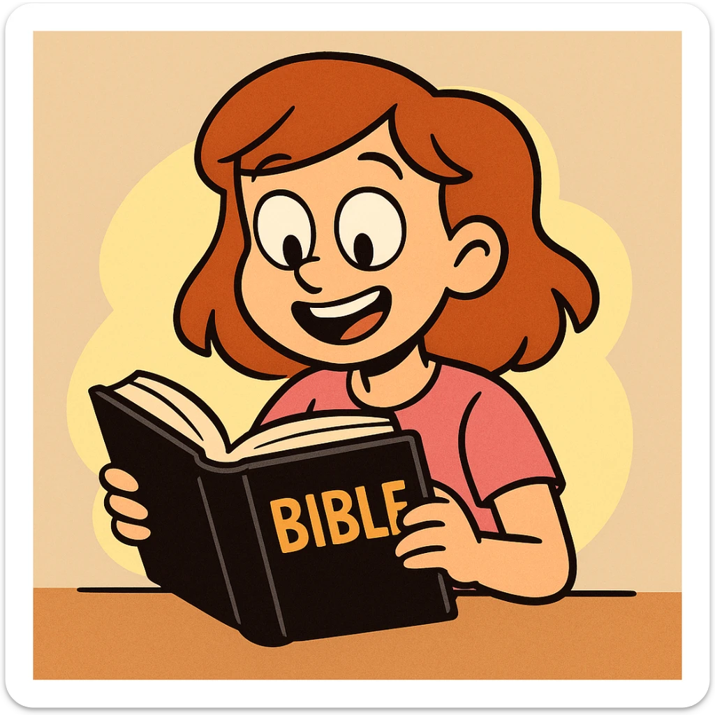 a girl reading the Bible, cartoon style, bright colors, simple shapes, cheerful expression sticker