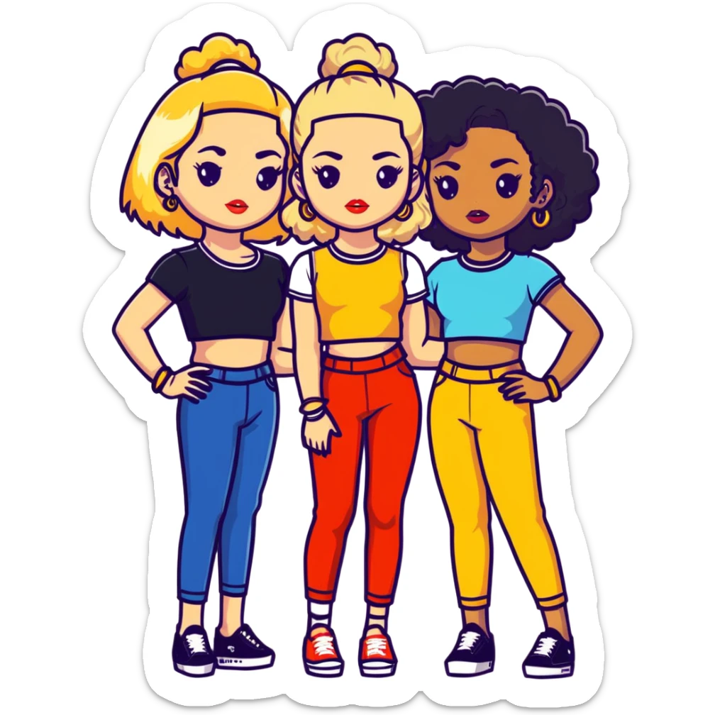 Full body of two teenage girls standing together, one white with straight blonde hair and one brown-skinned with curly black hair, both with heavy makeup, big lips, crop tops, gold jewelry and flashy choni style outfits sticker