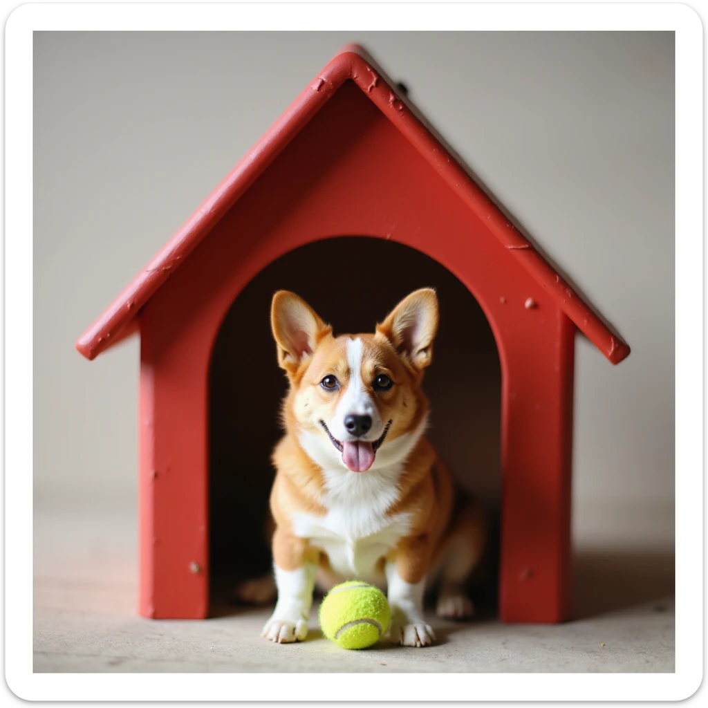 realistic red dog house with a Corgi dog inside, Corgi with a tennis ball, photorealistic style sticker