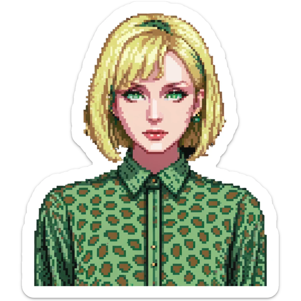 A blonde woman with green eyes and a bob haircut, wearing a green leopard print blouse sticker