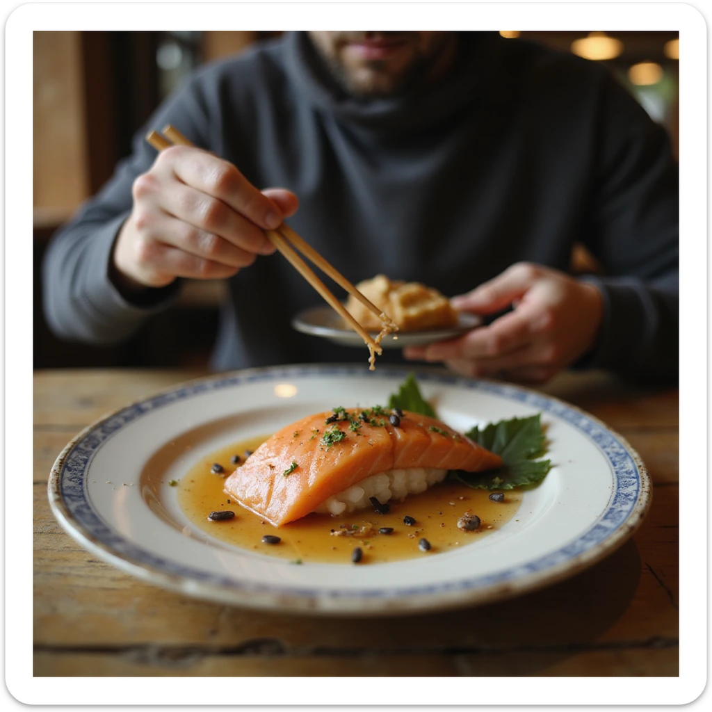 scene in a Japanese restaurant with a man eating salmon sushi and a close-up detail on the plate showing parasites, realistic 4K style sticker