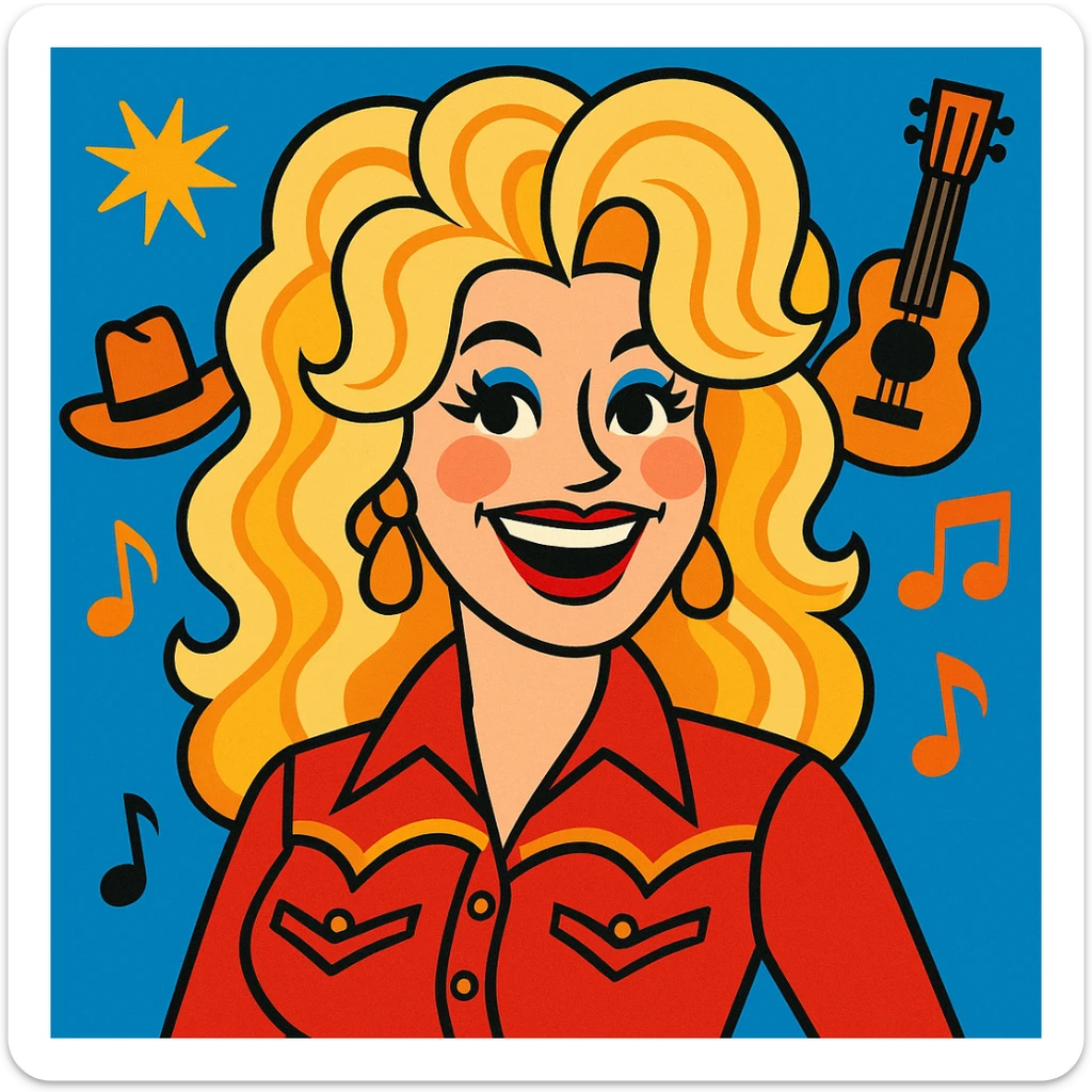 Dolly Parton with blonde hair, big smile, country style, vibrant colors sticker