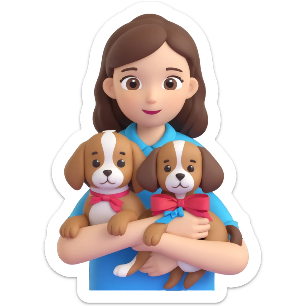A pale girl with brown shoulder-length hair tied with a ribbon hairclip, holding a dog sticker