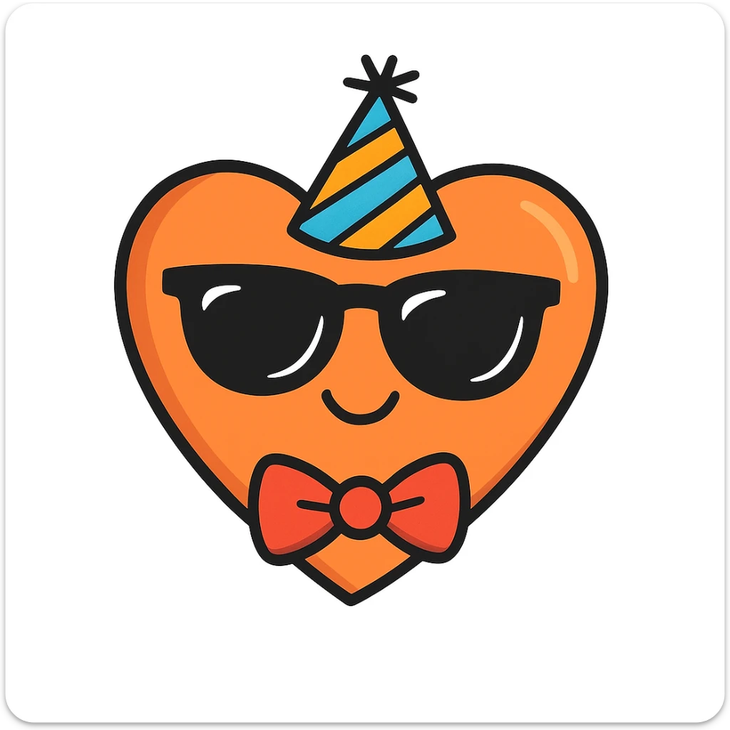 Add sunglasses, a party hat, and a bow tie to the orange heart. Keep the playful and sketchy hand drawn doodle style as in the reference image. sticker