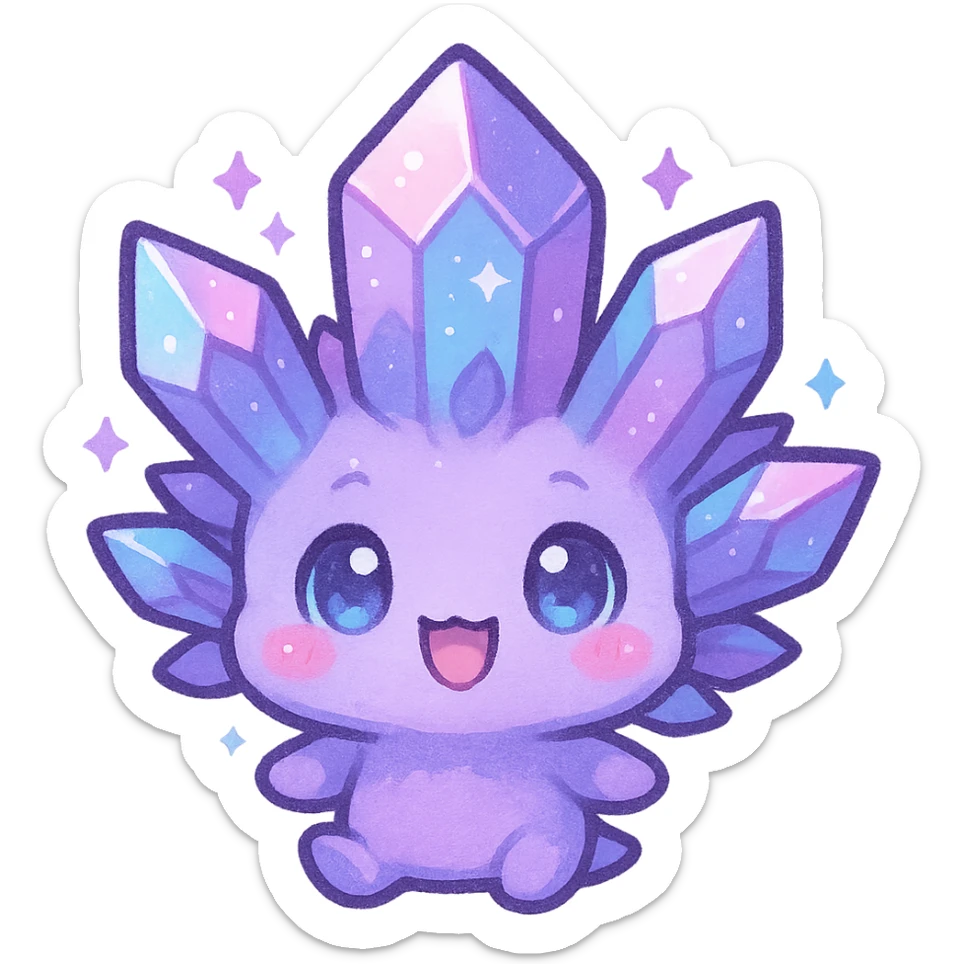 chibi kawaii style emote of a crystal sprite creature, colors purple blue and pink, happy expression sticker
