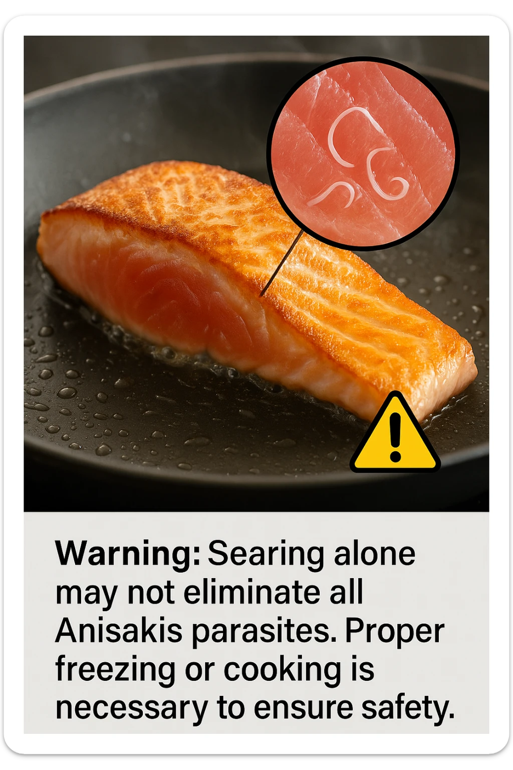 a close-up of a salmon fillet being lightly seared in a hot pan, with the outer layer cooked but the inside still raw. An inset magnifies the interior, showing visible Anisakis parasites surviving in the uncooked portion. A warning icon and educational text explain that searing alone may not eliminate all parasites. sticker