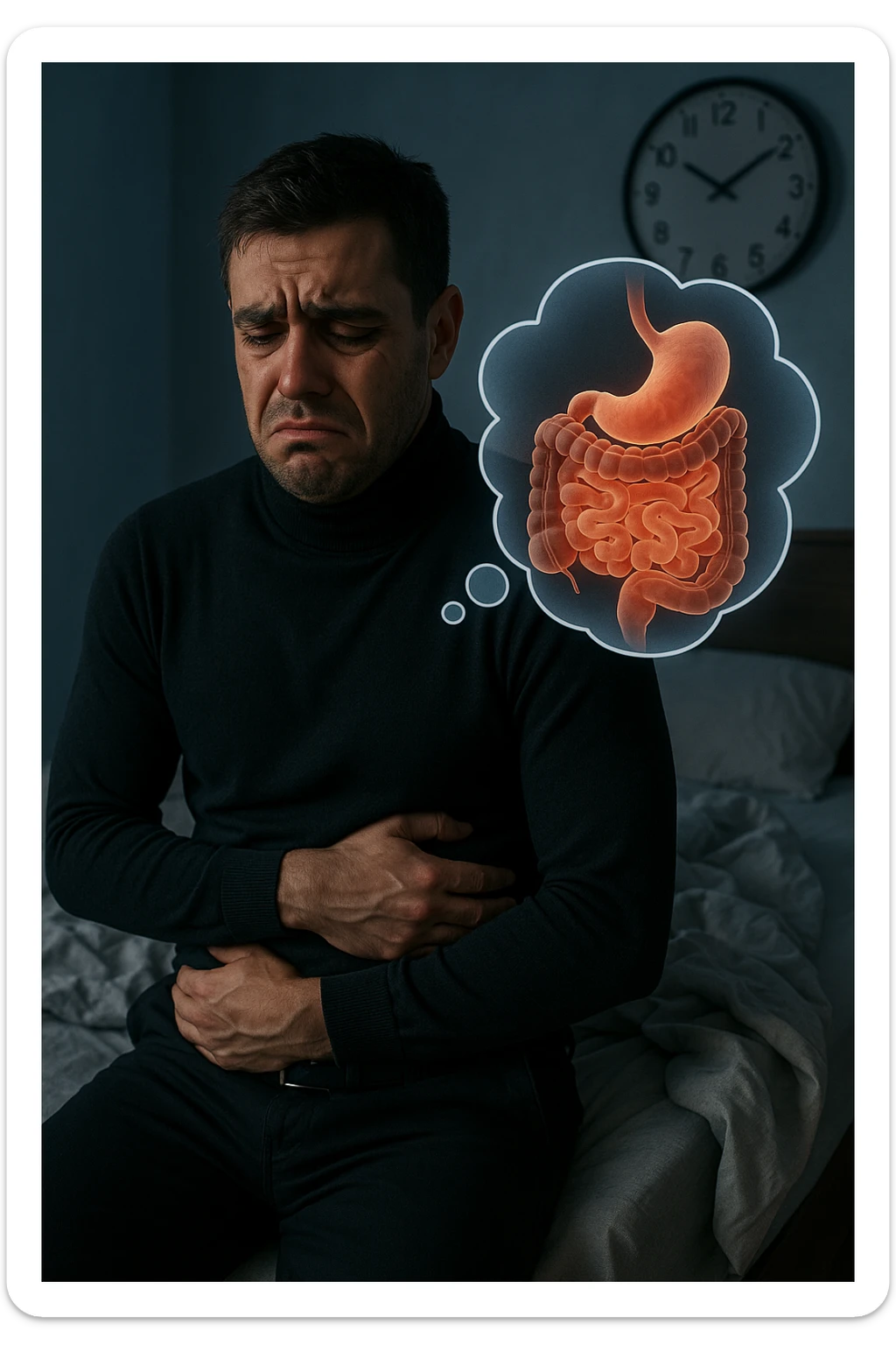 a tired-looking man sits on the edge of his bed at dawn, holding his stomach with a pained expression. Dark circles under his eyes and a messy bed indicate poor sleep. In the background, a clock shows early morning hours, and a thought bubble or overlay highlights digestive organs, emphasizing intestinal discomfort linked to sleep deprivation. sticker