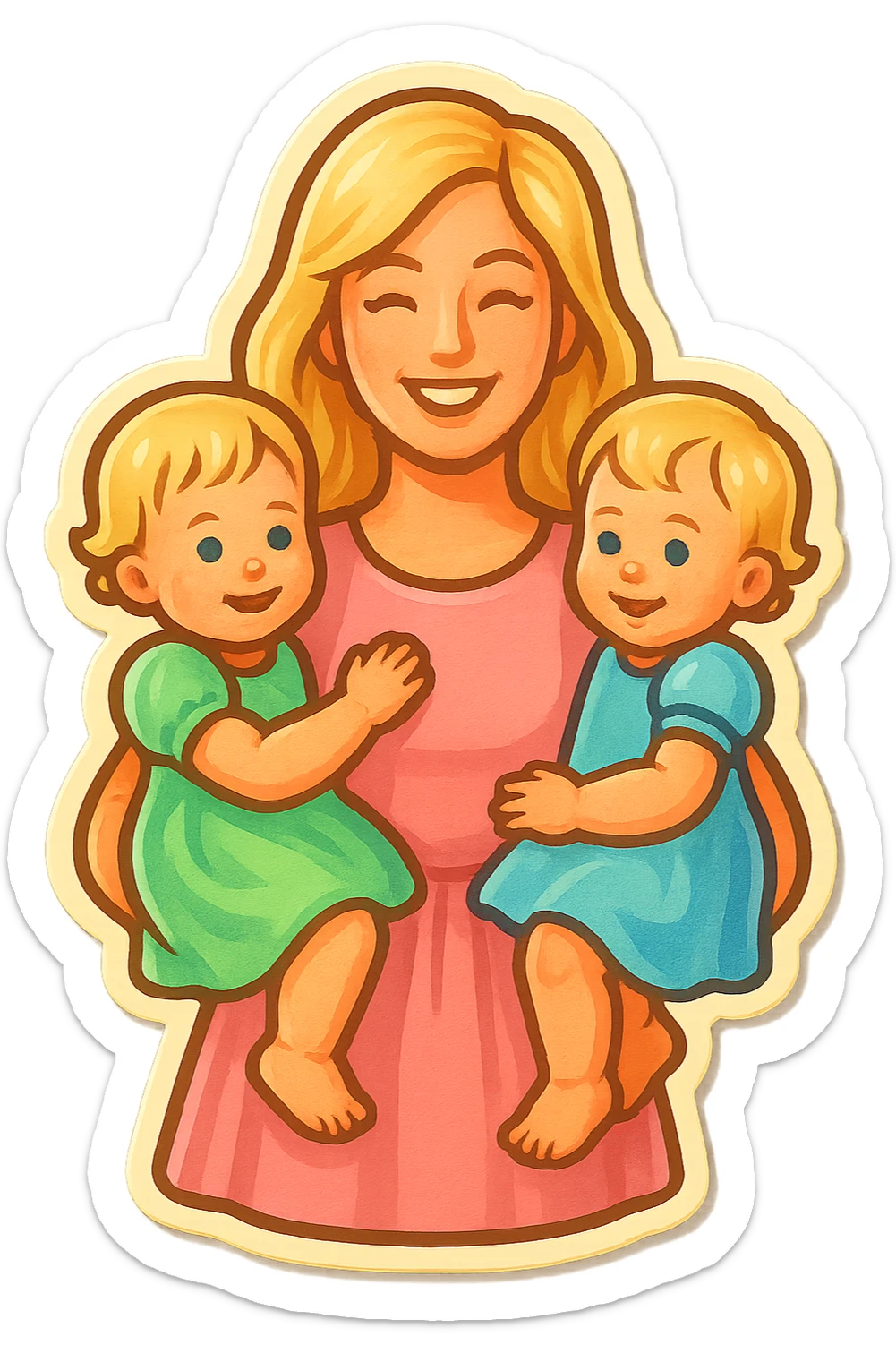 mom with long light blonde hair and two one-year-old twin girls with short light blonde hair on her arms, pastel dresses, retro stickers style, soft light, various options sticker
