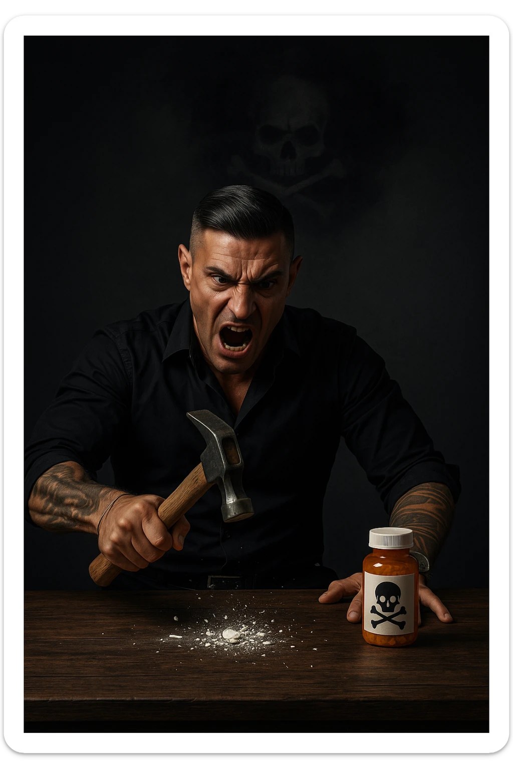 "Angry man crushing prescription pill with hammer on wooden table, expression of righteous fury against medical establishment, pill fragments scattering like defeated enemy, medicine bottle labeled with skull and crossbones in his mind, dramatic lighting showing his determination to reject pharmaceutical control, freedom from chemical dependency symbolized through destruction" sticker