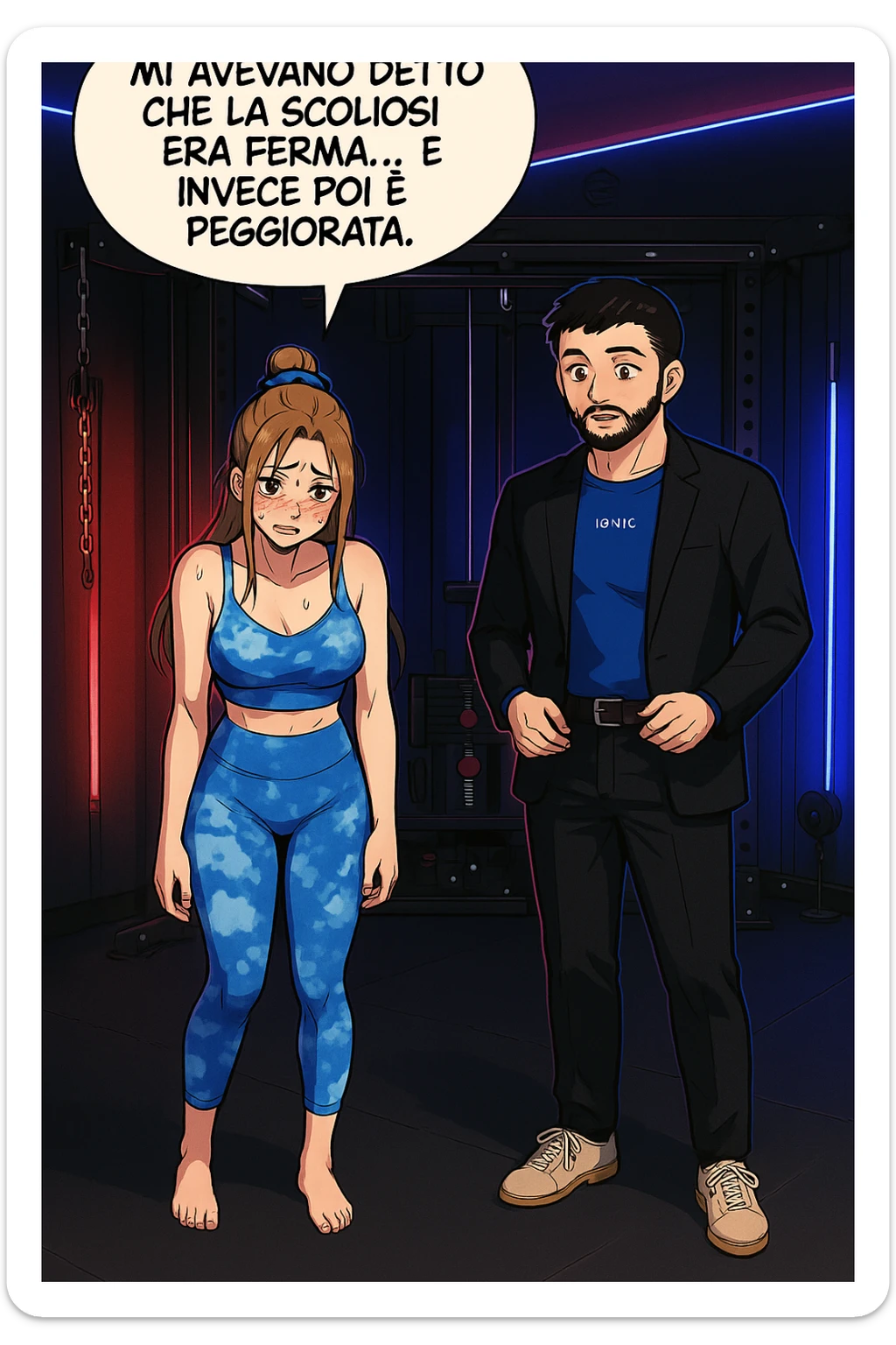 fai questa immagine in versione fumetto/manga/webtoon a colori, il manga mostra la donna disperata con un fumetto sulla testa che dice:
Mi avevano detto che la scoliosi era ferma… e invece poi è peggiorata.
 sticker