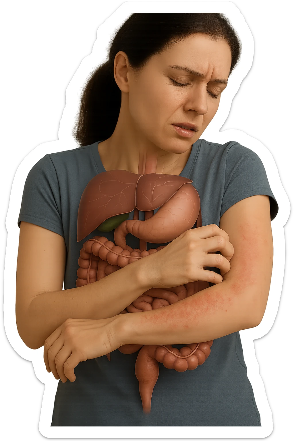 donna con intestino umano anatomico realistico che si gratta il braccio su cui ha un'eritema, iperrealistica 4k sticker