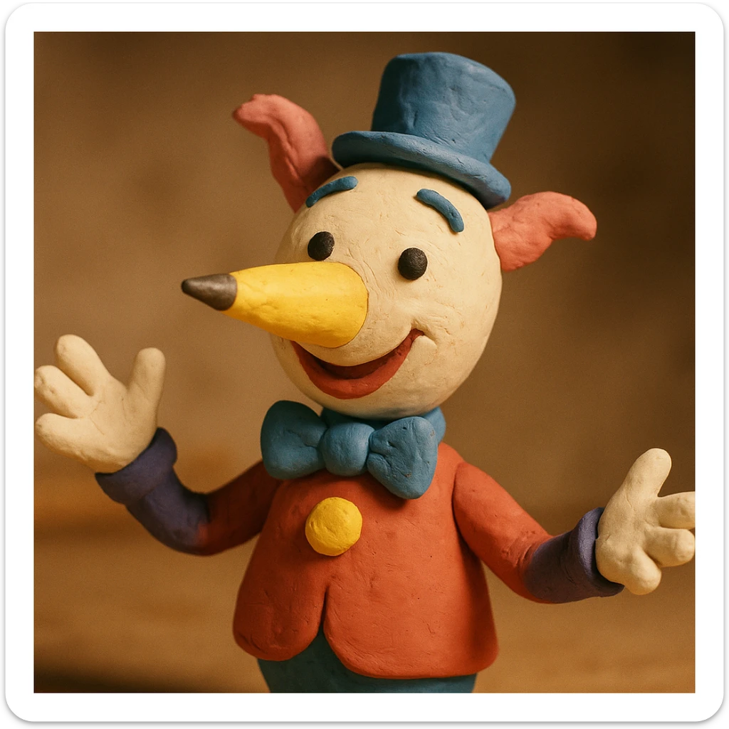 Mr. Squiggle, whimsical cartoon character with a pencil nose, playful and friendly expression, claymation style sticker