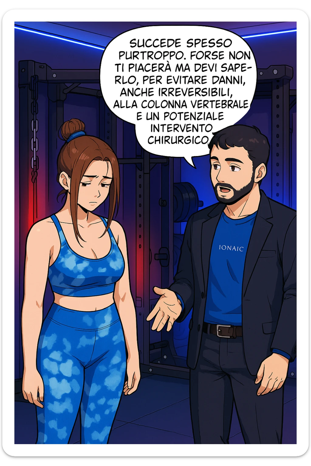 fai questa immagine in versione manga/webtoon a colori, il manga mostra l'uomo che risponde alla donne:
Succede spesso purtroppo. 
Forse non ti piacerà ma devi saperlo, per evitare danni, anche irreversibili, alla colonna vertebrale e un potenziale intervento chirurgico. sticker