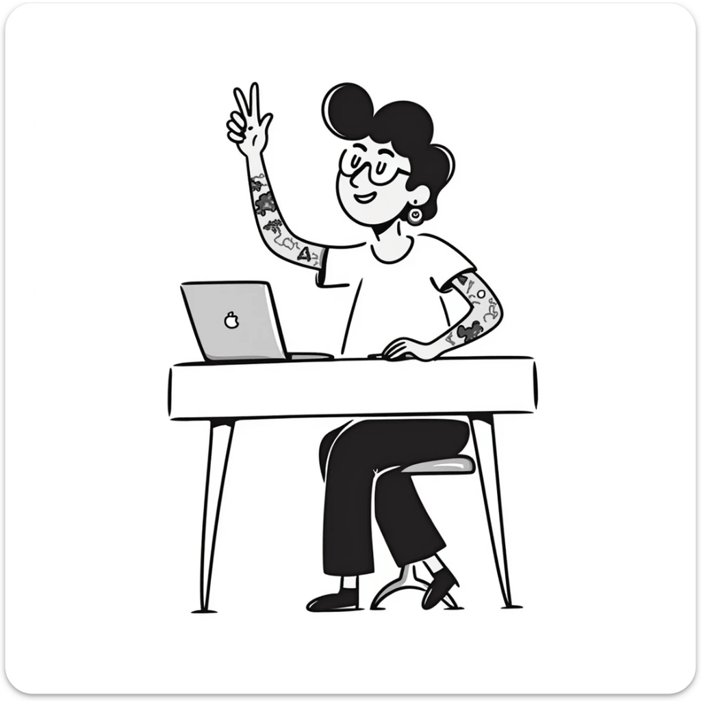 Cool female rockstar musician with arm tattoos and alternative hairstyle, sitting at desk with laptop, raising hand in class, smiling confidently sticker