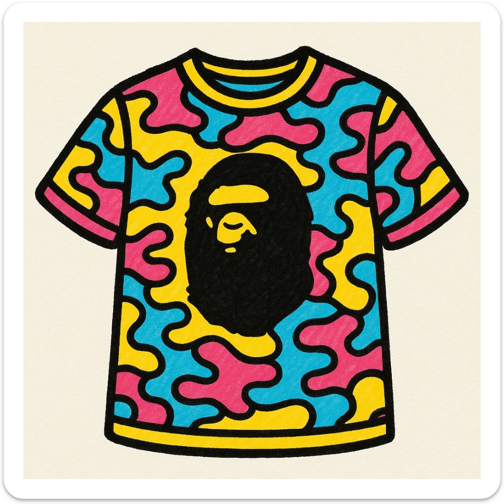 BAPE t-shirt, streetwear style, bold camo pattern, iconic ape head logo, vibrant colors, front view sticker