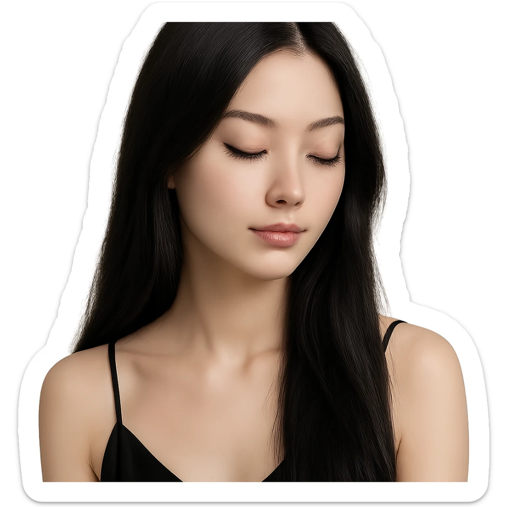 aesthetic girl with long black silky hair, long lashes, fair skin, elegant and soft expression sticker